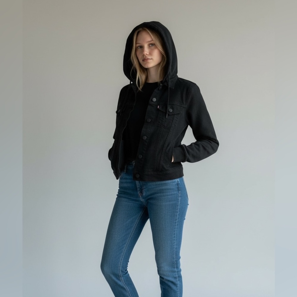 Levi's Black Women's Trucker Jean Jacket, hybrid, sweatshirt sleeves, hoody, XS - Picture 3 of 11